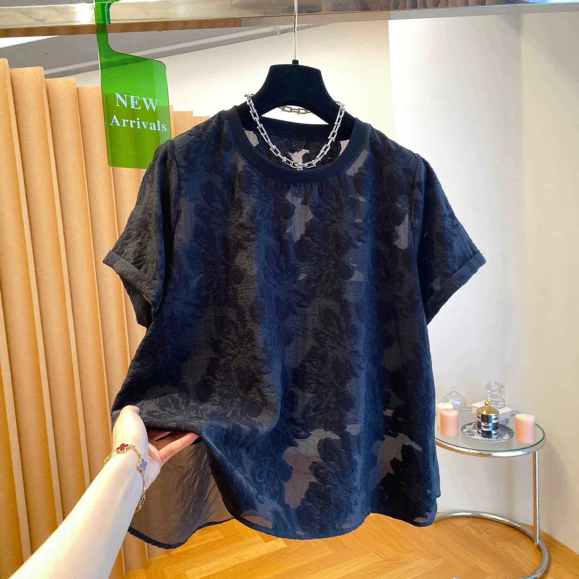 Plus Size 200 lbs Women's Premium Black Chiffon Top, Short Sleeve 2026 New Loose Jacquard Shirt