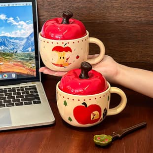 Cute Cartoon Apple Ceramic Mug with Lid and Spoon, Creative Personality Coffee Milk Office Water Cup for Home