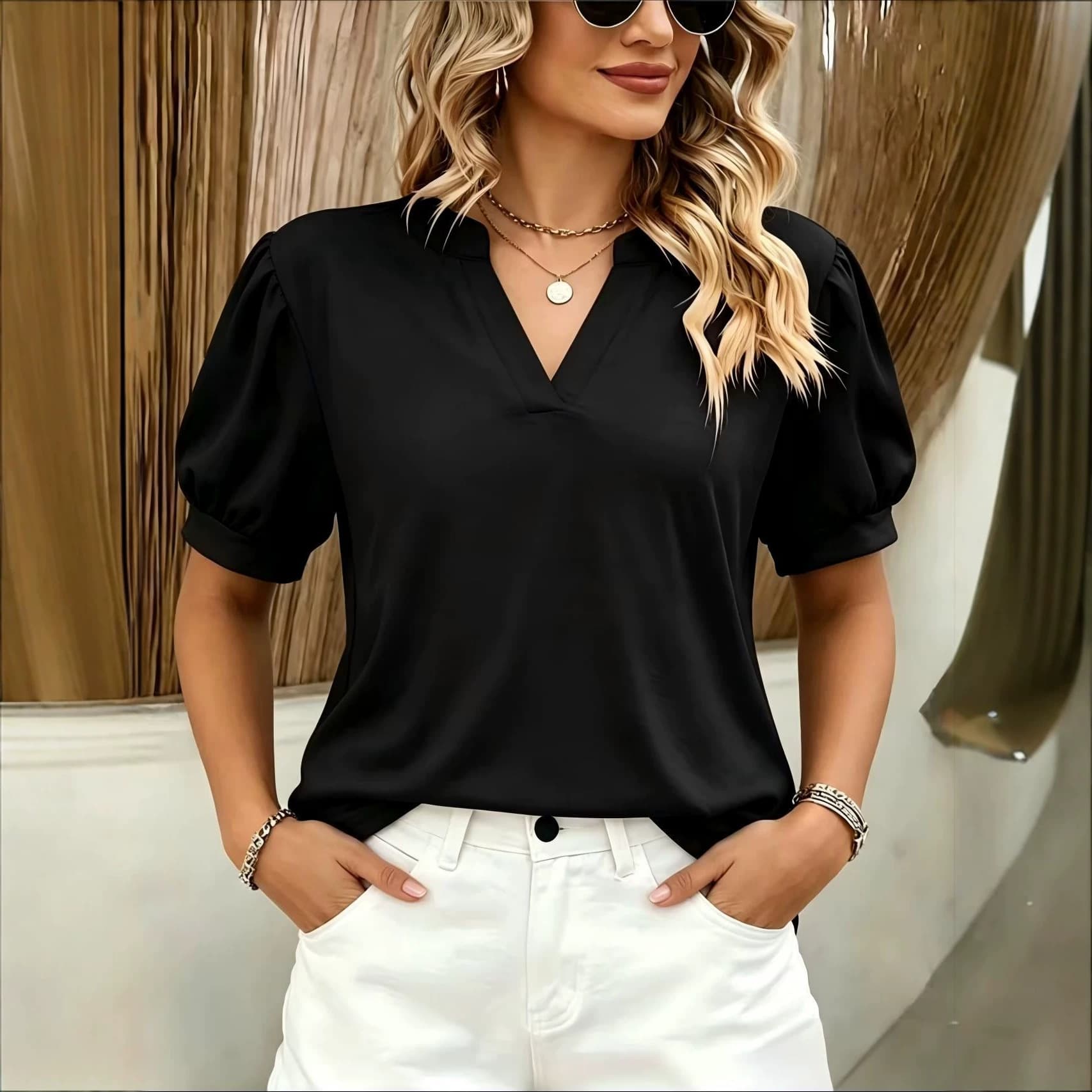 V-neck puff sleeve shirt women's loose slimming solid color short-sleeved temperament commuter top