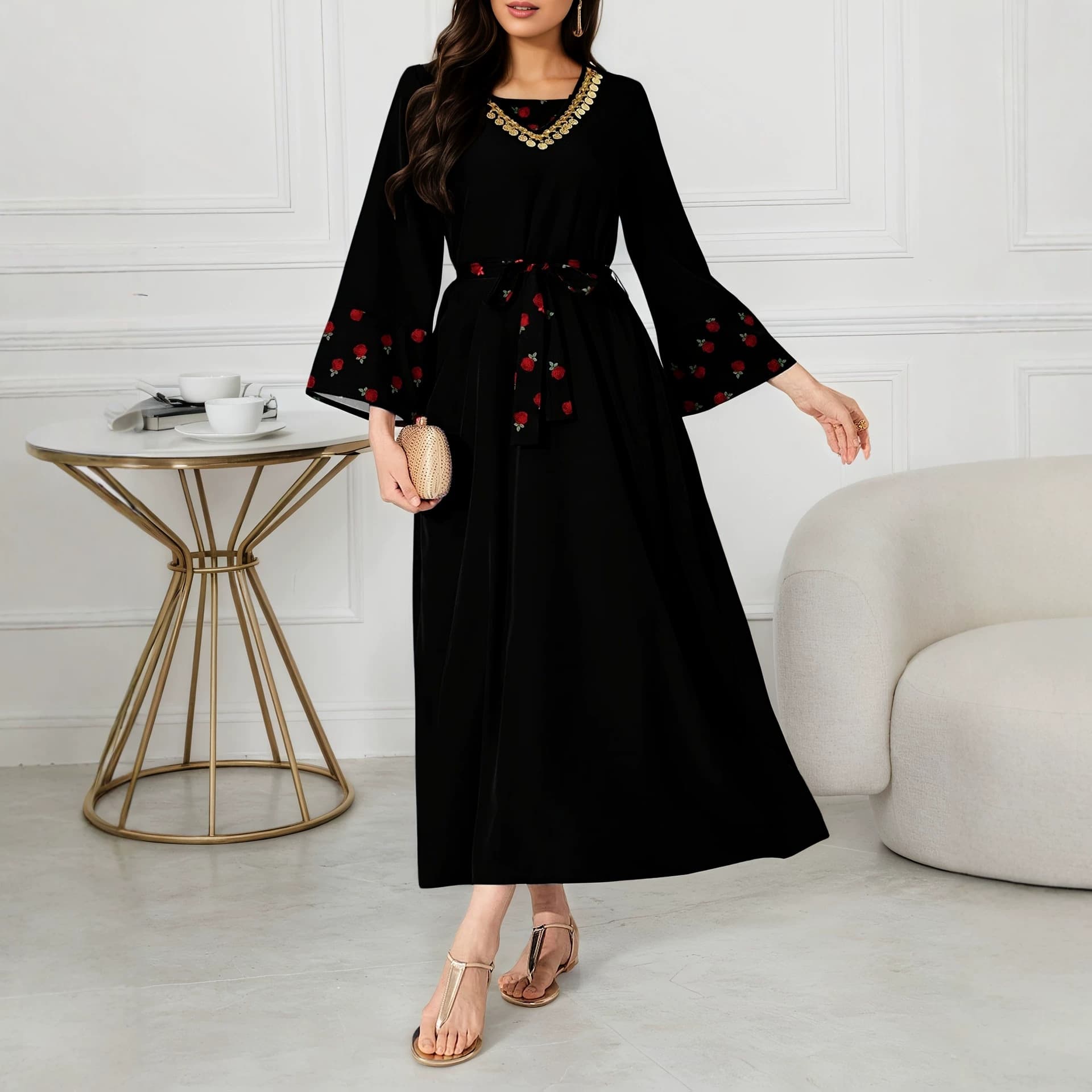 Cross-border foreign trade European and American large size 2026 new autumn style elegant square collar printed long-sleeved mid-length dress