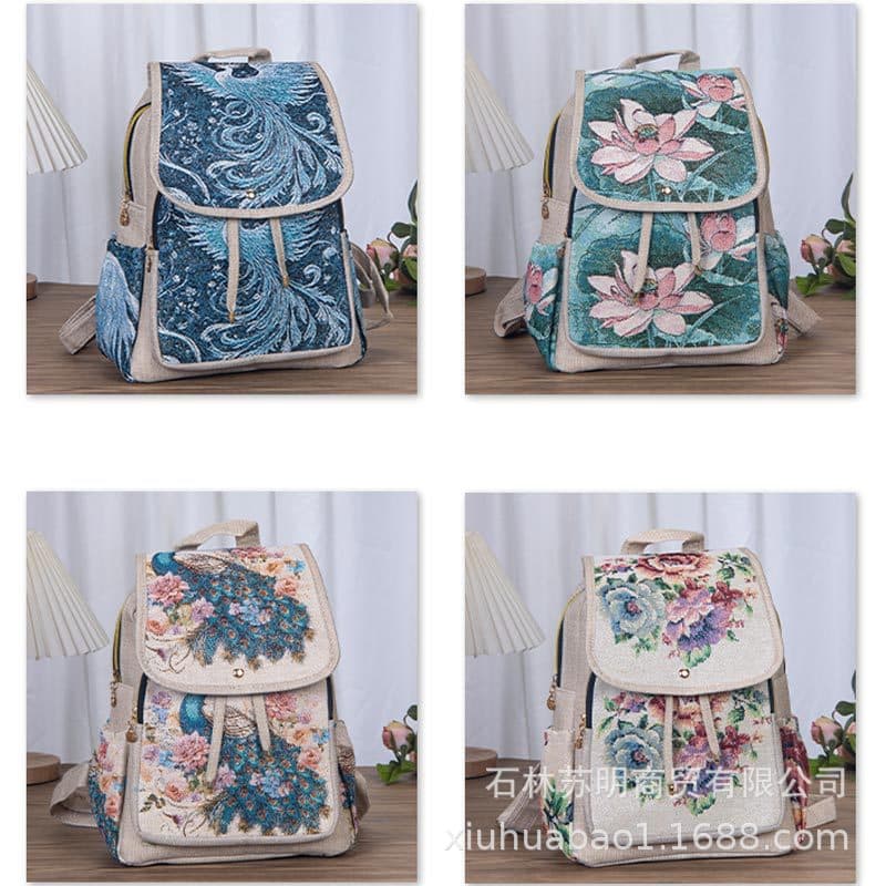 Yunnan ethnic style bag embroidered canvas bag sand release backpack women's travel casual gold silk embroidered backpack