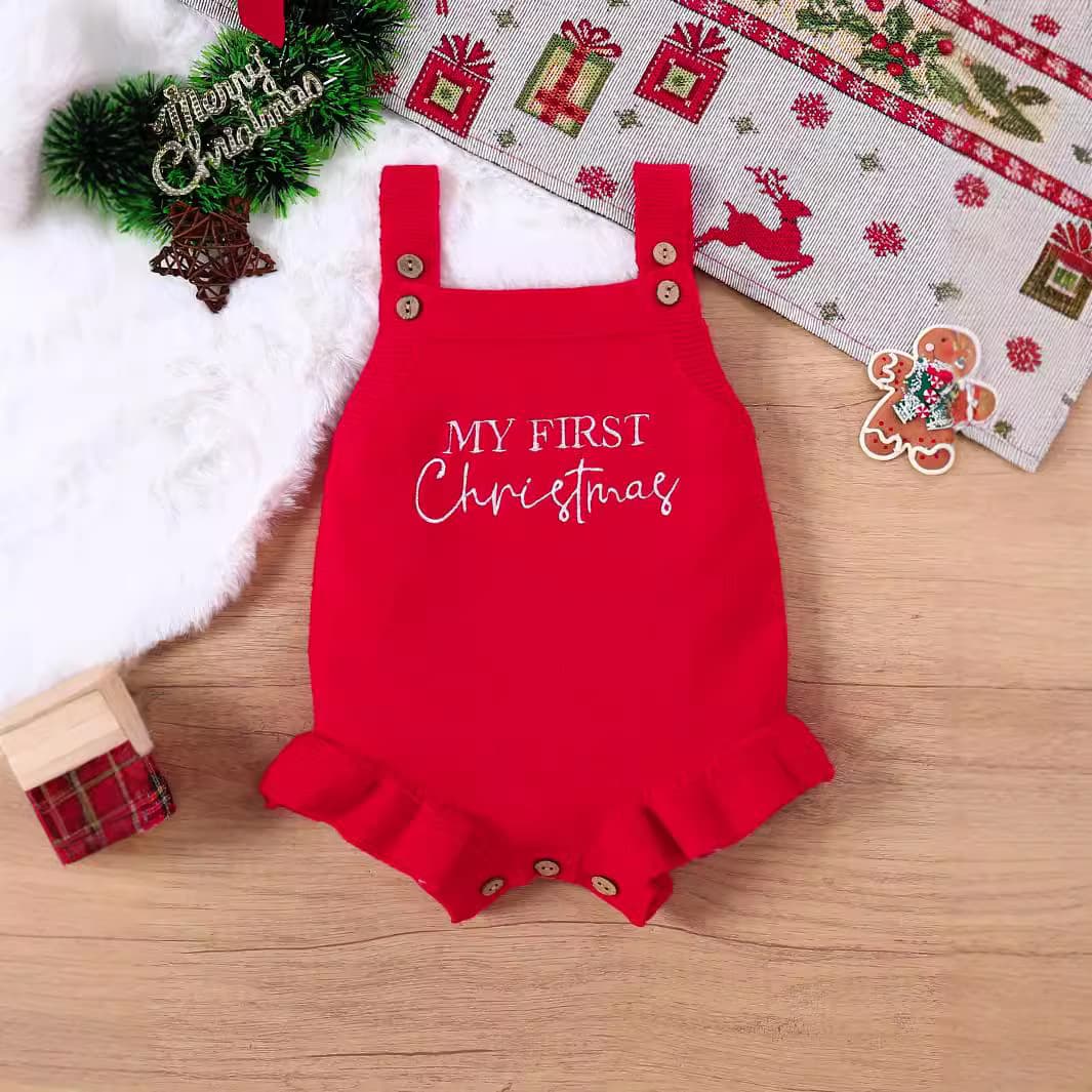 Embroidered Triangle Romper Baby Girl's Summer Clothes Knitted Sleeveless Bodysuit Christmas Letter Print Overalls Children's Apparel