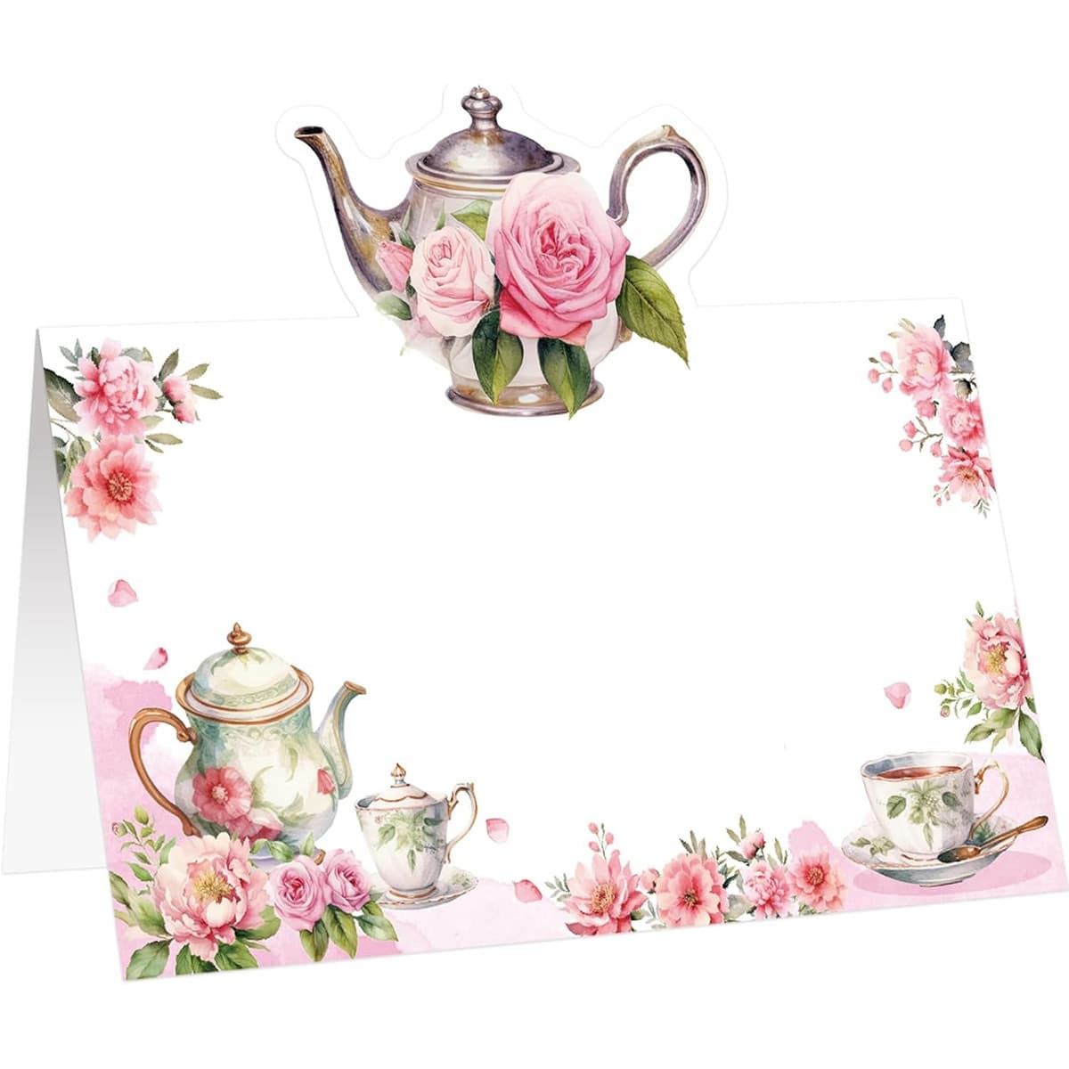 Watercolor Rose Teapot Theme Blank Folding Table Card Tea Party Wedding Place Card Party Desktop Decoration Supplies