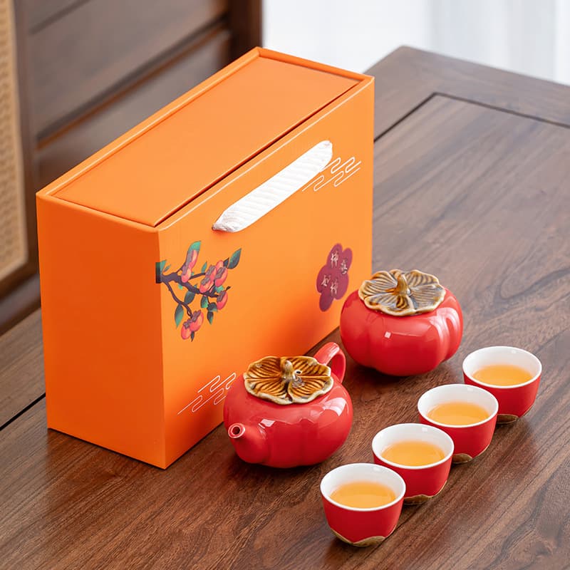 Festive Gift Persimmon Ceramic Tea Set with Teapot and Cups, Gift Box, Custom Logo Available