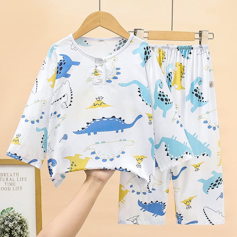 Summer Children's Cotton Silk Pajamas Thin Style Long Sleeve for Boys and Girls Kids Baby Cotton Silk Air Conditioning Home Wear Drop Shipping