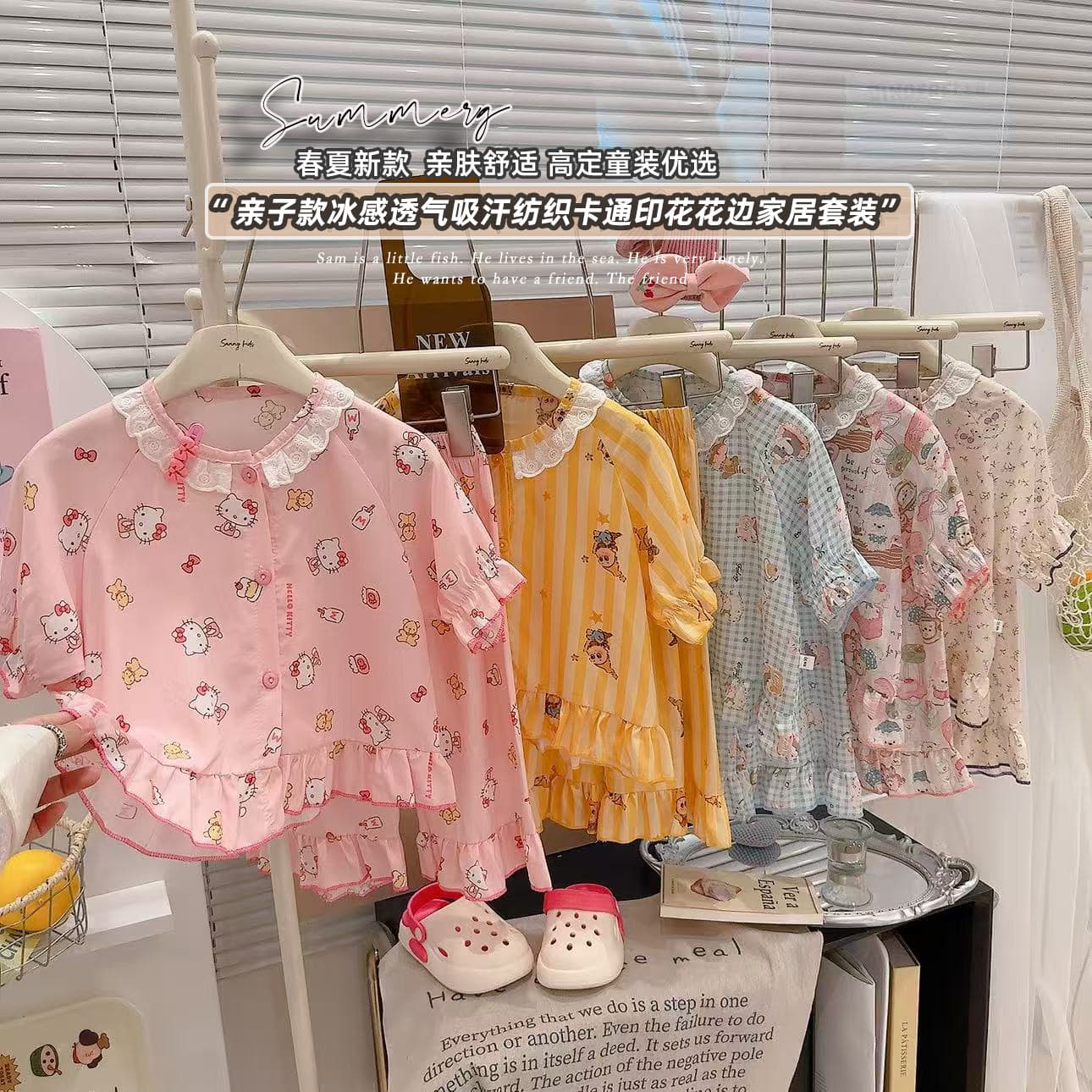Summer New Children's Cotton Silk Pajamas Girls Short Sleeve Thin Baby Cotton Silk Cardigan Parent-Child Matching Homewear Set