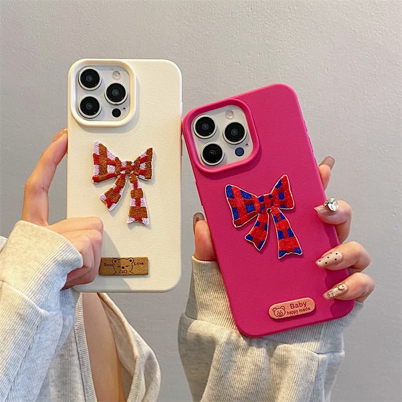Suitable for Apple 16 Pro Max Phone Case iPhone 15 Simple Leather Pattern 14 3D Bow 13 Cute 12 Female