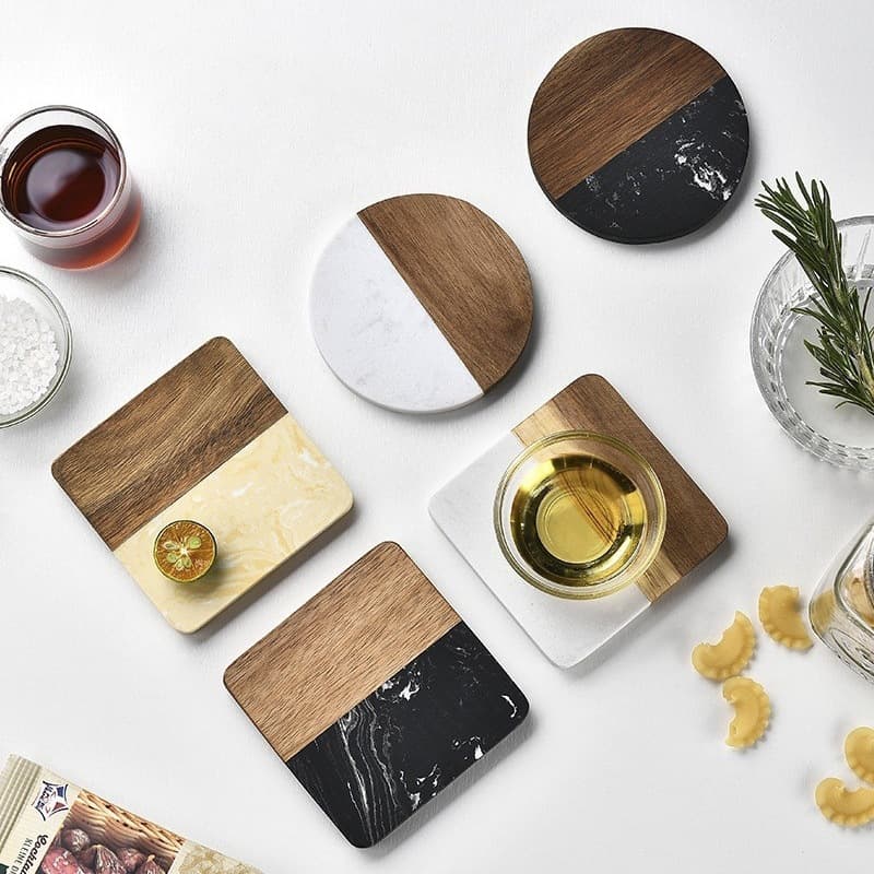 Amazon Hot Marble Solid Wood Spliced Coaster Insulation Mat Bar Dining Bar Cup High Cold Wind Coaster Tool