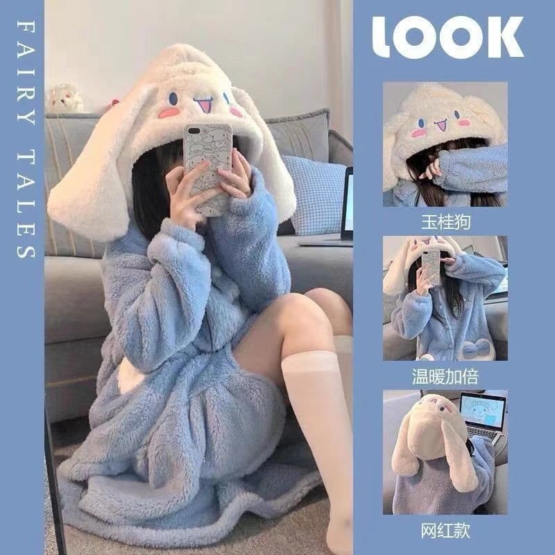Autumn Winter Thickened Coral Fleece Pajamas Women's Sleepwear Cute Little Dog Design Warm Home Clothes Soft Comfortable Robe