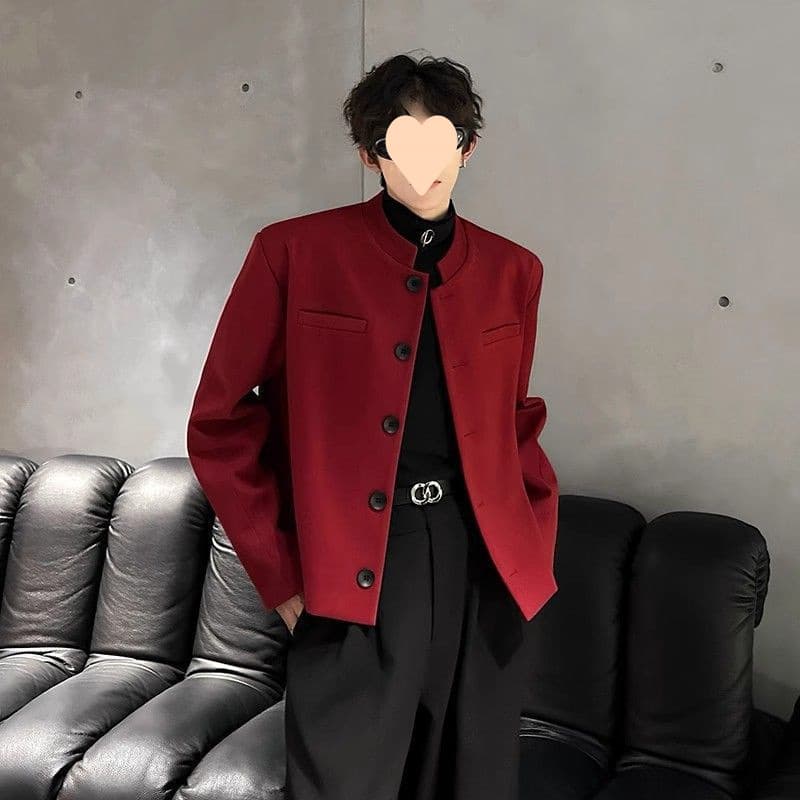 Red Wine Color Pad Shoulder Stand Collar Short Men's Suit Jacket Spring Autumn New Style Loose Handsome Small Western Suit