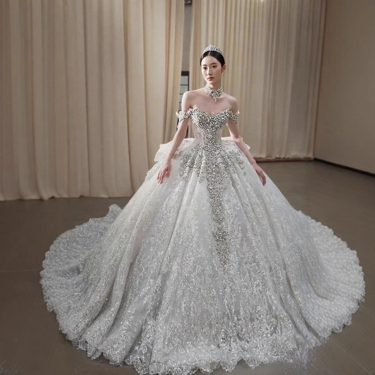 Wedding Dress Luxurious Super Sparkle Off-Shoulder Main Veil Heavy Water Rhinestone + Exquisite Train Dreamy Main Veil