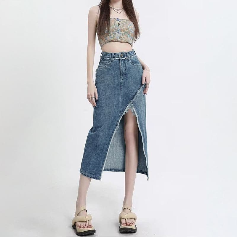 Light Blue Asymmetrical A- Line Mini Skirt Women's Summer New Mid-Length High Waist Denim Skirt Cotton Solid Color with Tassel