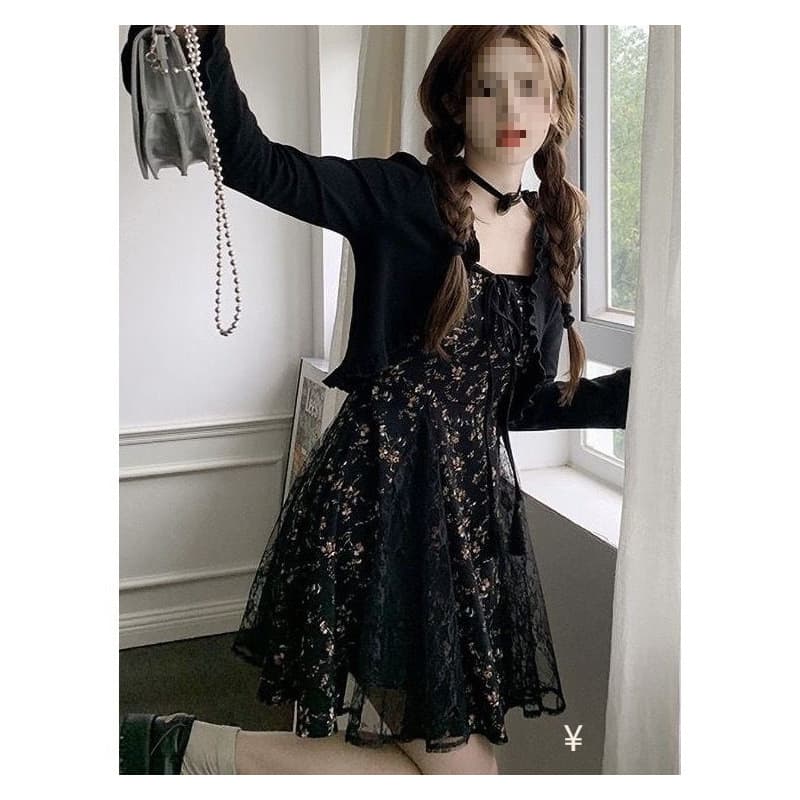 Black Spaghetti Strap Floral Dress for Petite Women, Summer French Style Tea Dress, Puff Sleeve Long Dress, Sweet and Spicy Fitted Set