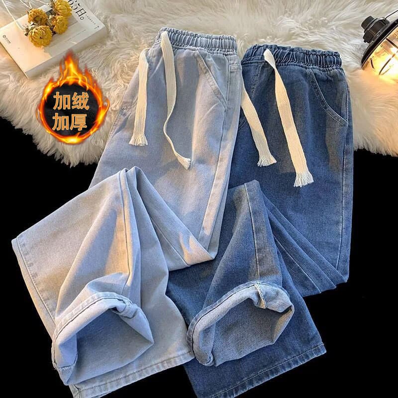 Elastic waist men's jeans, new design for autumn/winter, straight-leg pants, fleece-lined and thickened, loose wide-leg casual trousers.