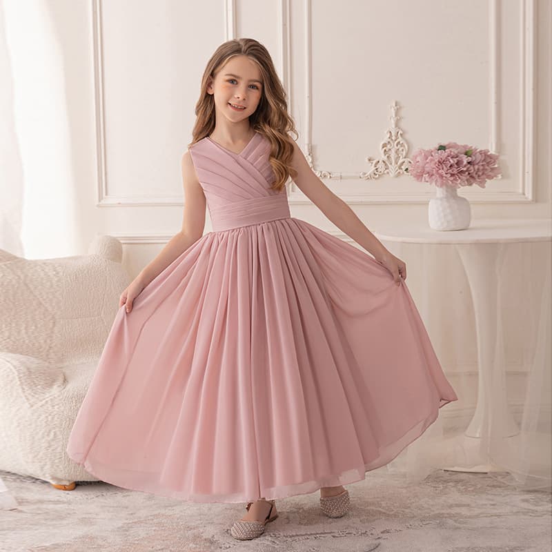 Cross-border Girls Teens Pink Chiffon Dress Middle and Older Kids Wedding Flower Girl Birthday Party Long Dress Evening Gown