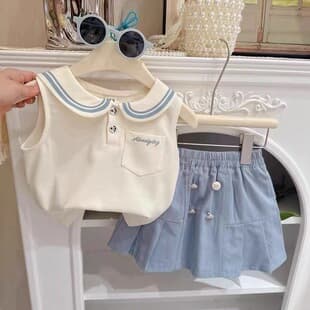 Girls' School Style Set Summer 2025 New Little Girl Navy Collarless Sleeveless Top Skirt Pants Fashionable Two-Piece Set