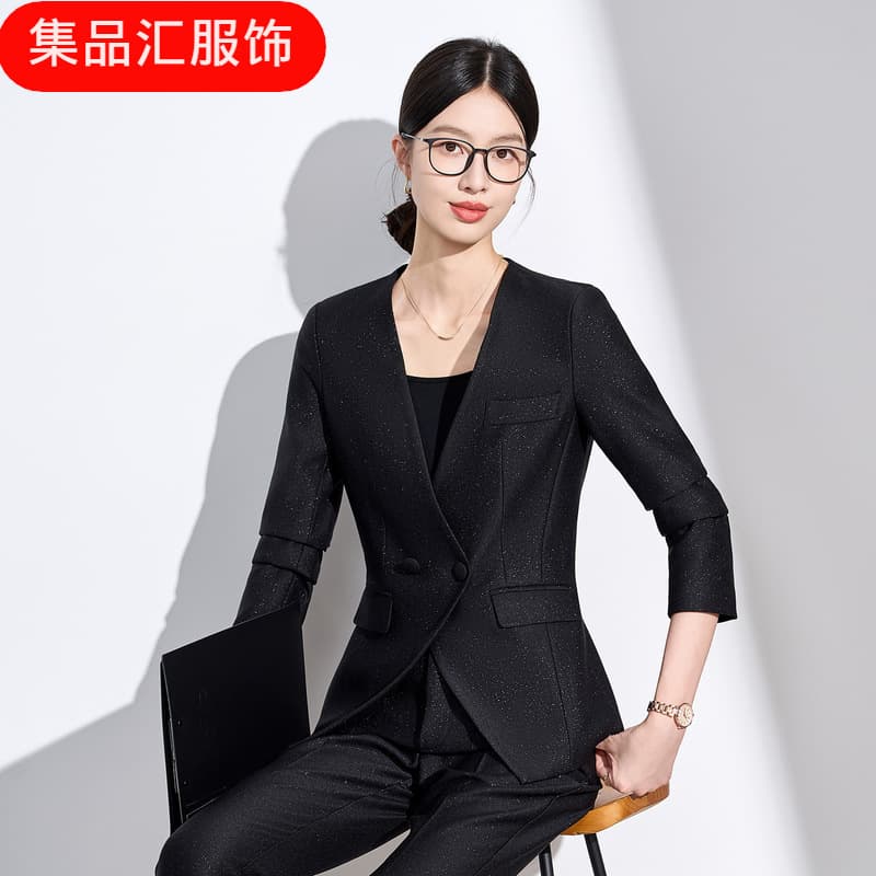Black V-neck long-sleeved blazer women's trousers cross-border wholesale professional fit autumn and winter two-piece suit