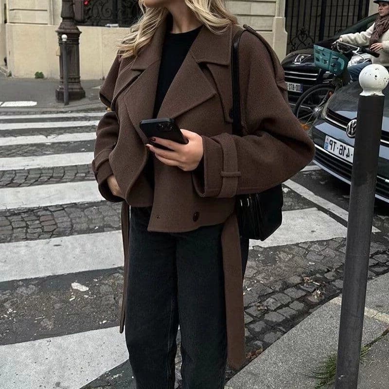 Amazon European and American Spring and Autumn Women's Suit Collar Jacket Women's Solid Color Casual Versatile Lace-Up Jacket