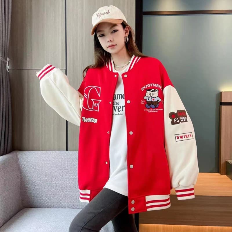 Heavy Embroidery Winter Fleece-Lined Thickened Stand Collar Women's Baseball Jacket Loose Mid-Long Coat Casual Korean Style Preppy Look