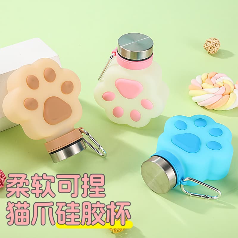 New Silicone Sports Water Bottle Cute Portable Kids Cup Hand Warmer 420ml Cross-Border Fashion Cat Paw Water Cup