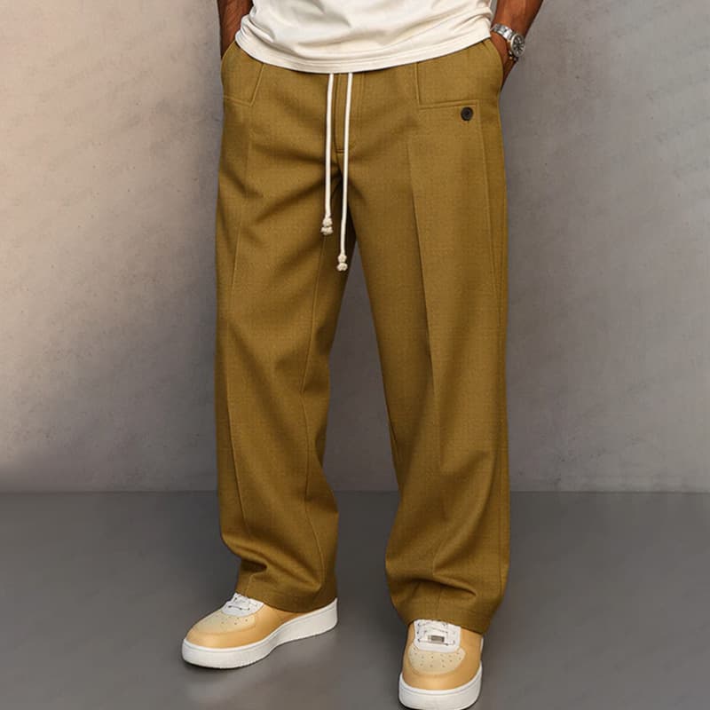 Men's Solid Color Button Comfort Daily Straight-Leg Urban Style Drawstring Casual Pants