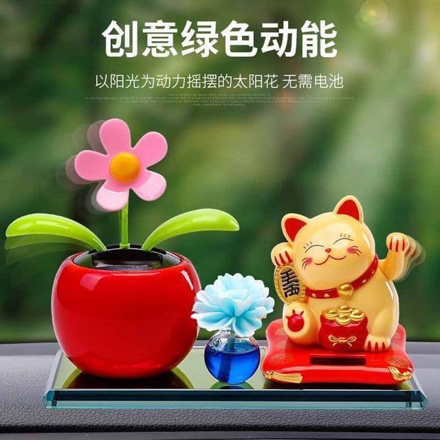 Car Decoration Solar Powered Swinging Maneki Neko Car Perfume Dashboard Ornament Set