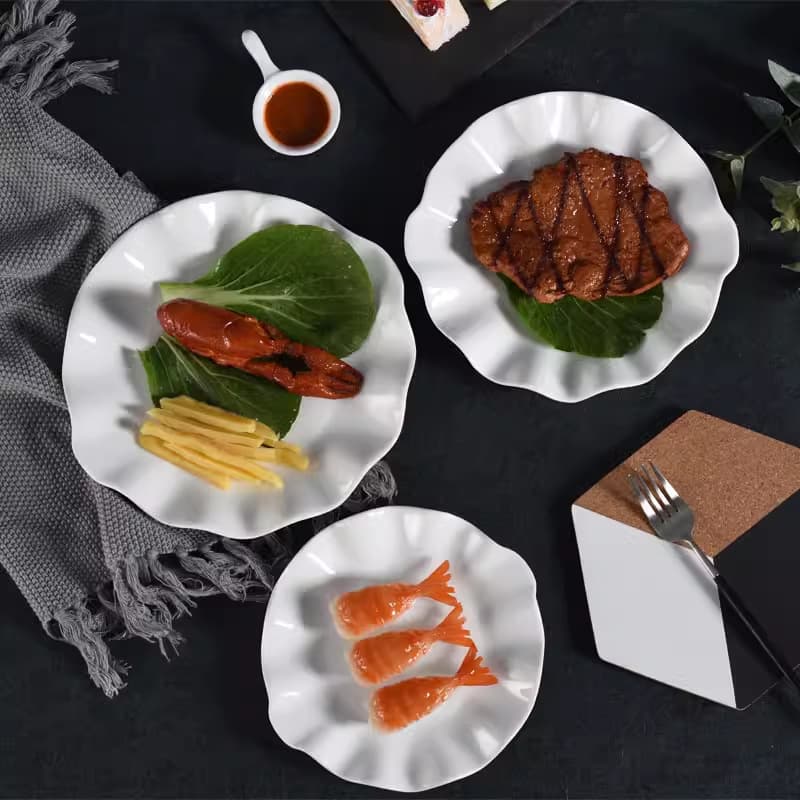Pure White Ceramic Lotus Leaf Plate 8 Inch 9 Inch 10 Inch 12 Inch Round Dish Hotel Restaurant Household Dish Fruit Plate Soup Plate
