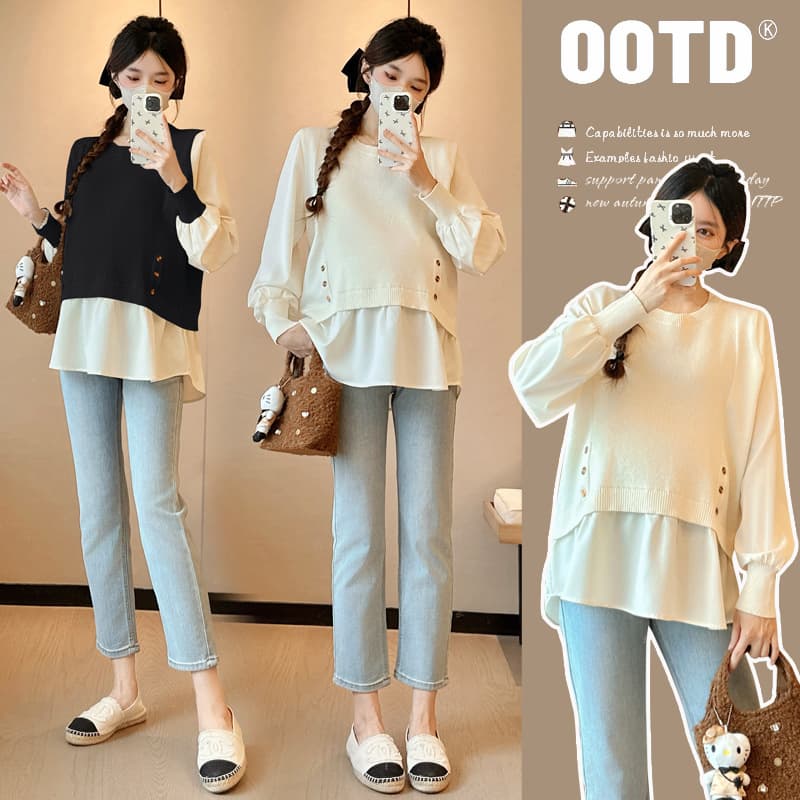 New 2025 Autumn Maternity Wear: Patchwork Design, Faux Two-Piece Shirt, Versatile, Slimming, Babydoll Top