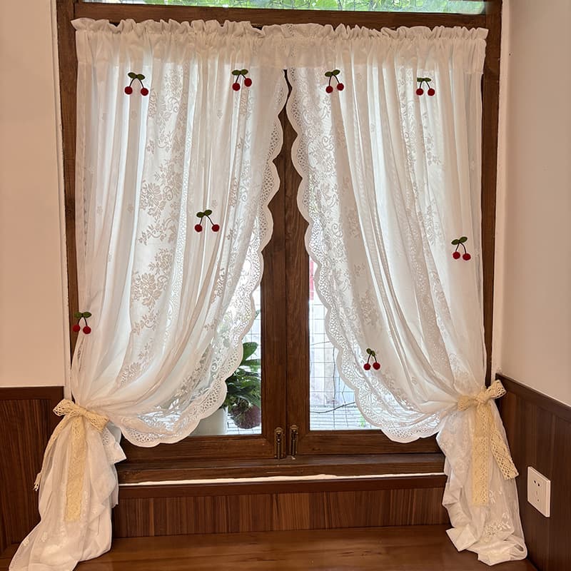 French Cherry Double-Layer Tulle Curtain with Lace, Light-Transmitting but Not See-Through, Princess Style for Bedroom Bay Window