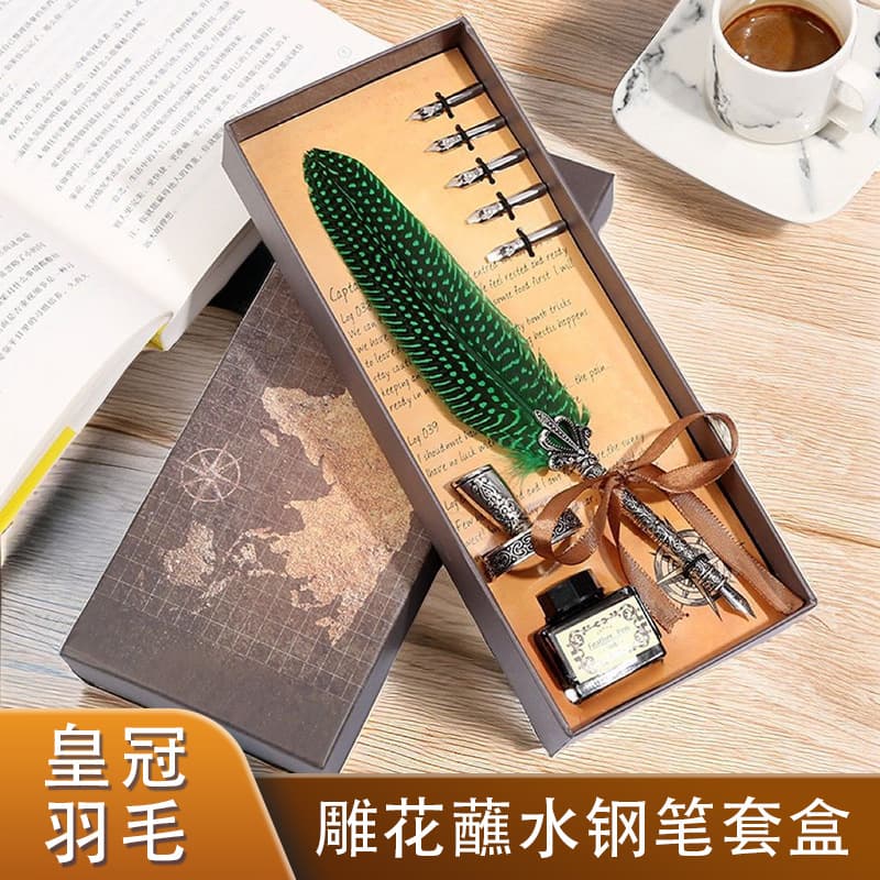Crown Feather Quill Dip Pen with Engraved Base, Stainless Steel Replacement Nib, Gift Box, Creative and Exquisite Gift for Girlfriend