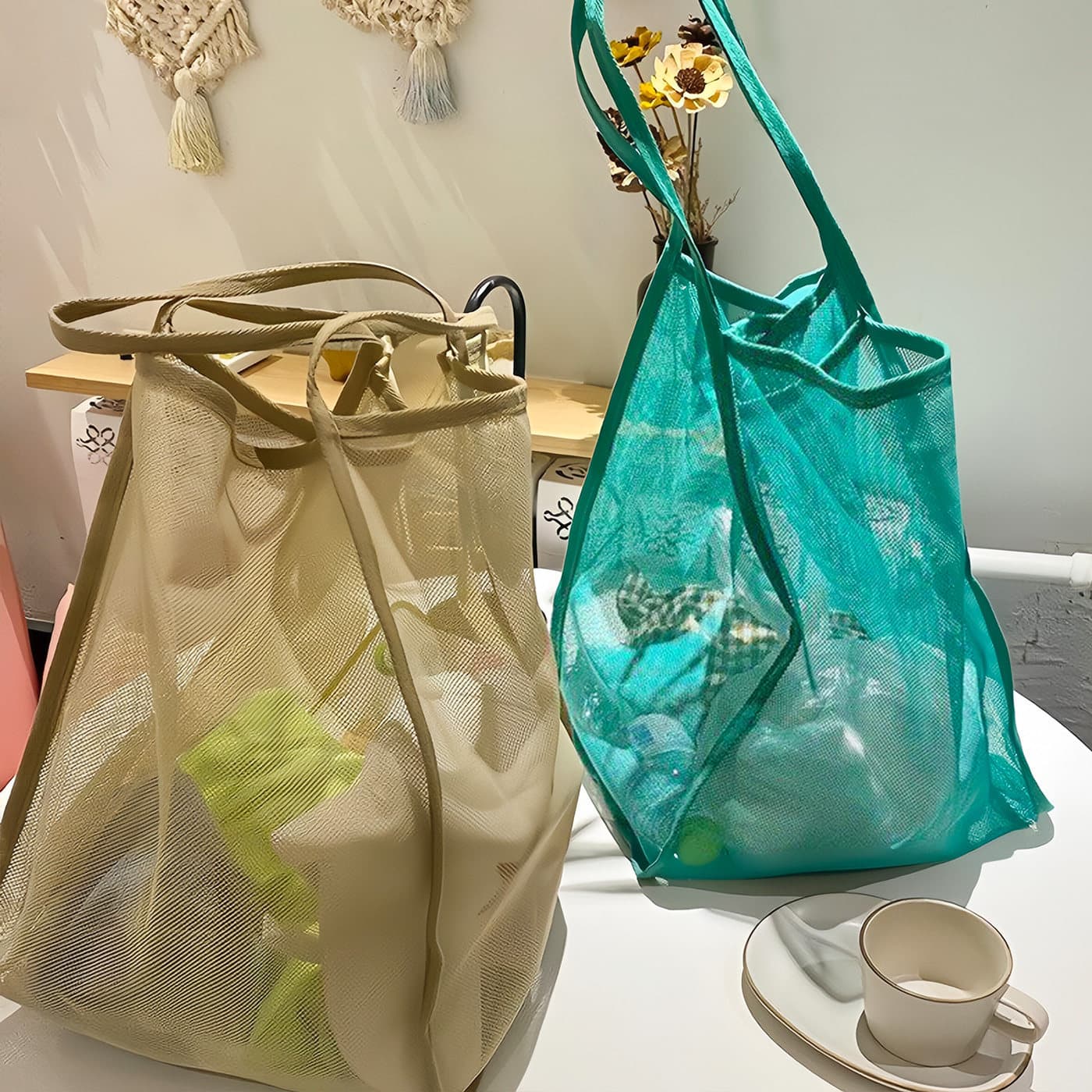 New Ins-Style Transparent Mesh Shoulder Bag, Large Capacity, Lightweight, Versatile Shopping Beach Bag, Shopping Bag, Storage Bag