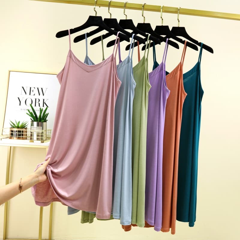 Modal Nightdress Women's Summer Thin V-neck A-line Skirt Inner Slip Skirt Midi Base Dress