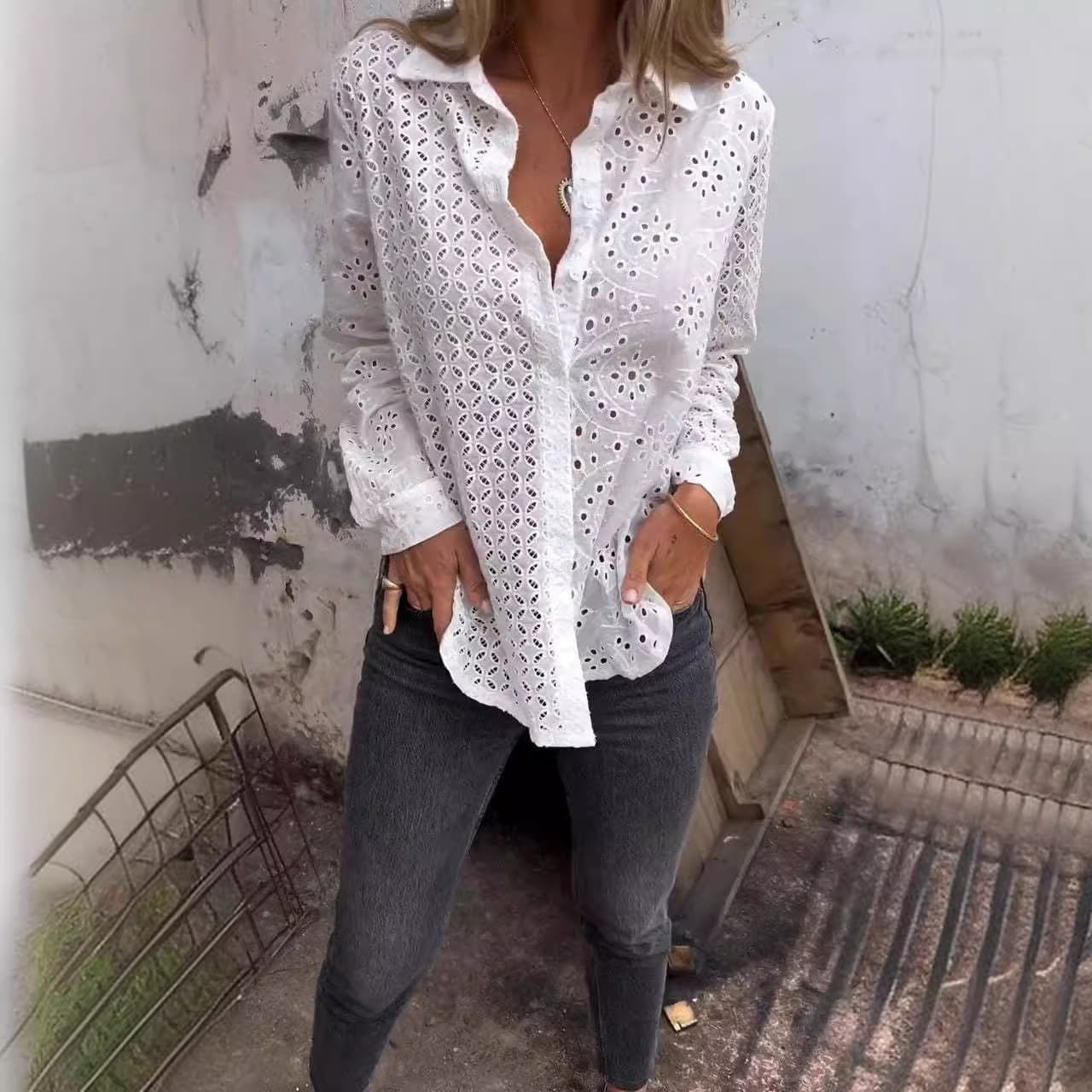 Loose Hollow Out Mesh Women's Shirt Spring Summer Fashion Top Button Up Printed Casual Comfortable European And American Style