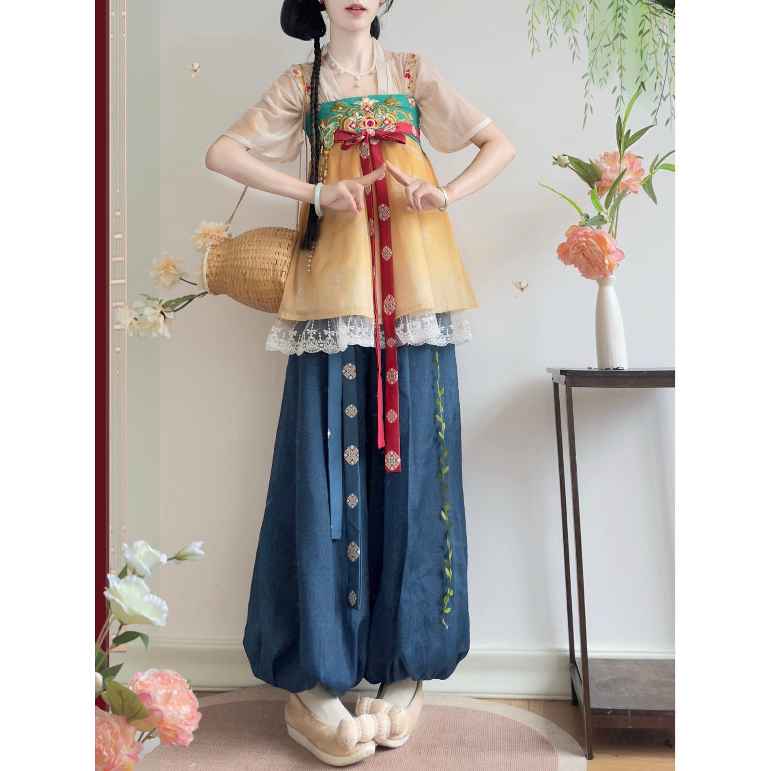 Original Daily Hanfu [Su Shan] Half-sleeve Embroidered Camisole Dress Lantern Pants Daily Commute Set Thin Summer