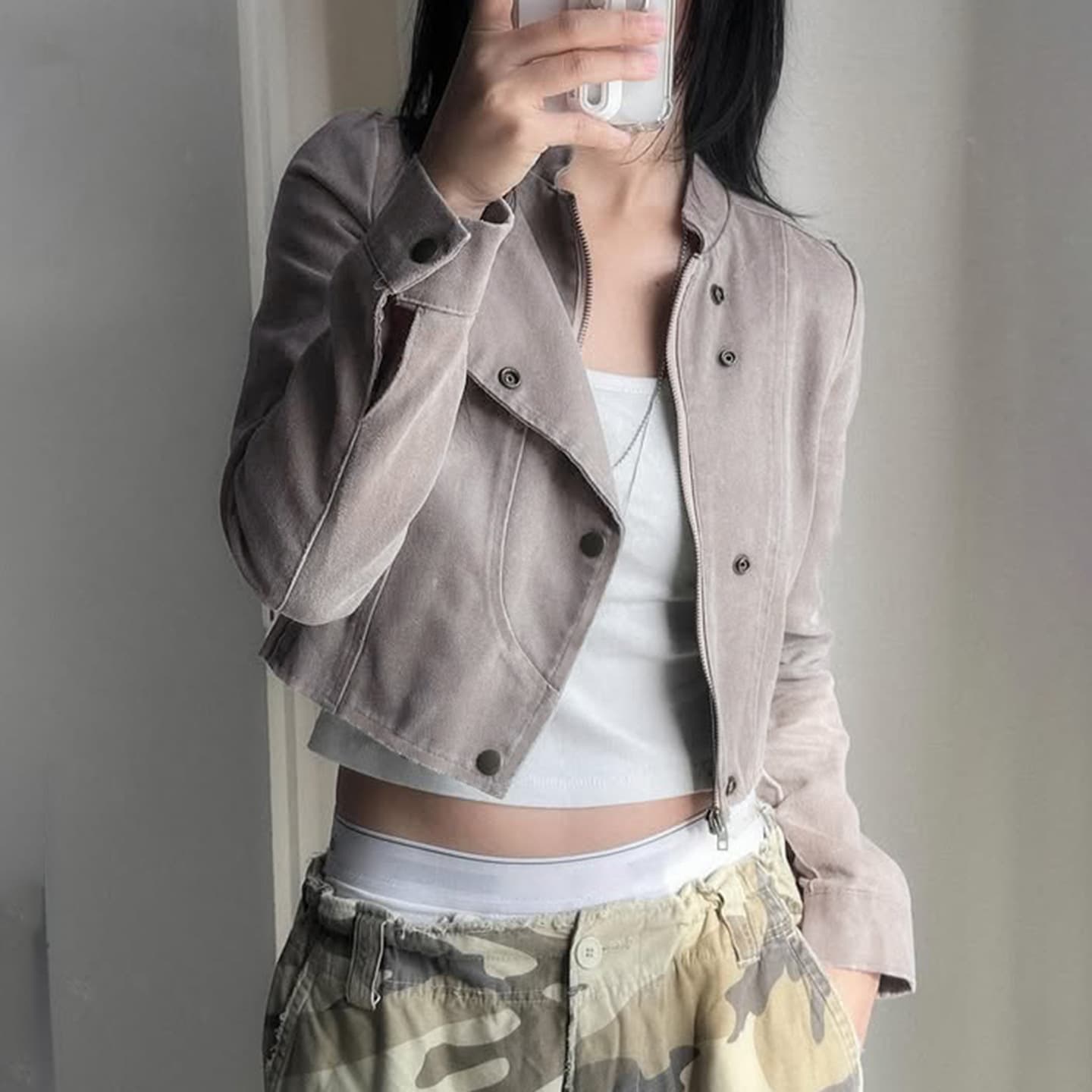 European and American autumn and winter new sweet, cool and handsome gray suede motorcycle jacket for hot girls slim short stand collar jacket