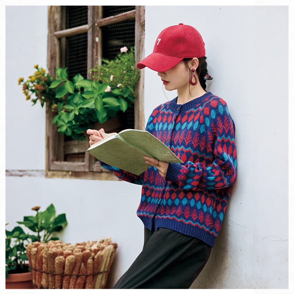 Autumn/Winter Style Fair Isle Retro Soft Wool Three-Color Jacquard Artistic Sweater Cardigan