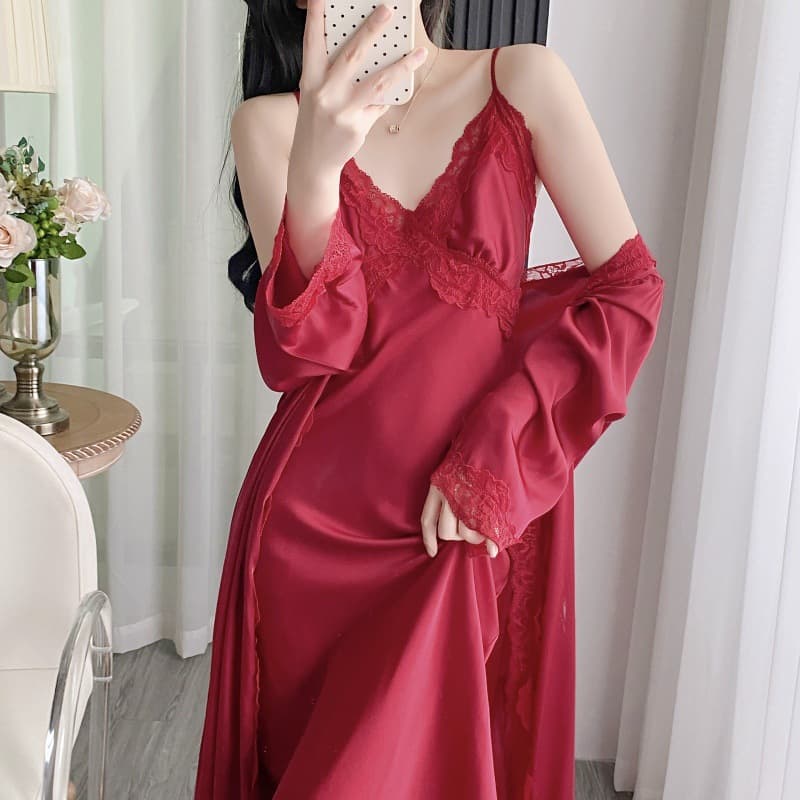 Women's Sexy Red Ice Silk Sleepwear Set, Slip Dress and Robe, Lace Bride Morning Robe, Wedding Elegant