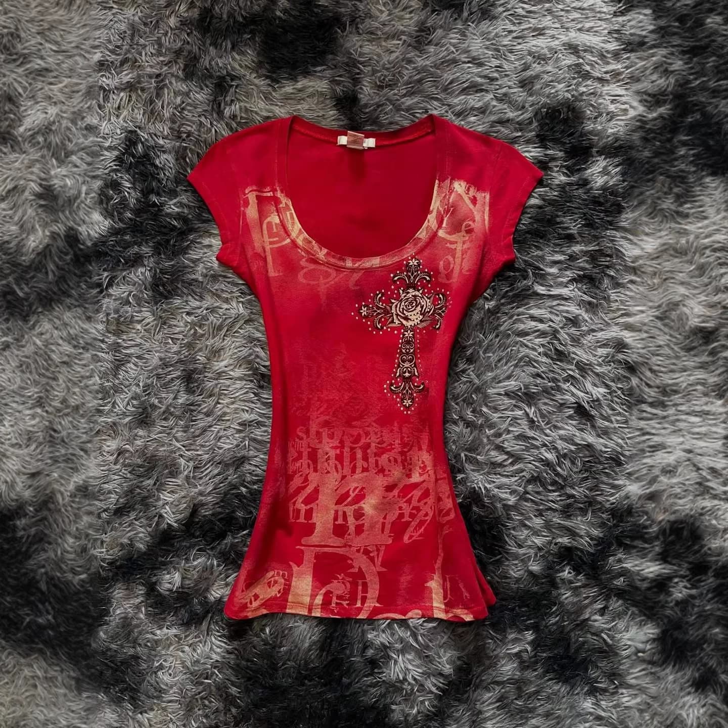 Women's Fashionable Ins Style Slim Fit Printed High Street Harajuku Gothic Round Neck T-Shirt Gothic Cross-Border Clothing