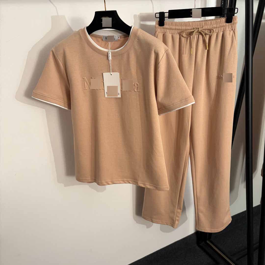 Nanyou High-End Cross-Border European and American Women's New Sportswear Set with 3D Logo Letter Short Sleeve T-Shirt + Casual Long Pants