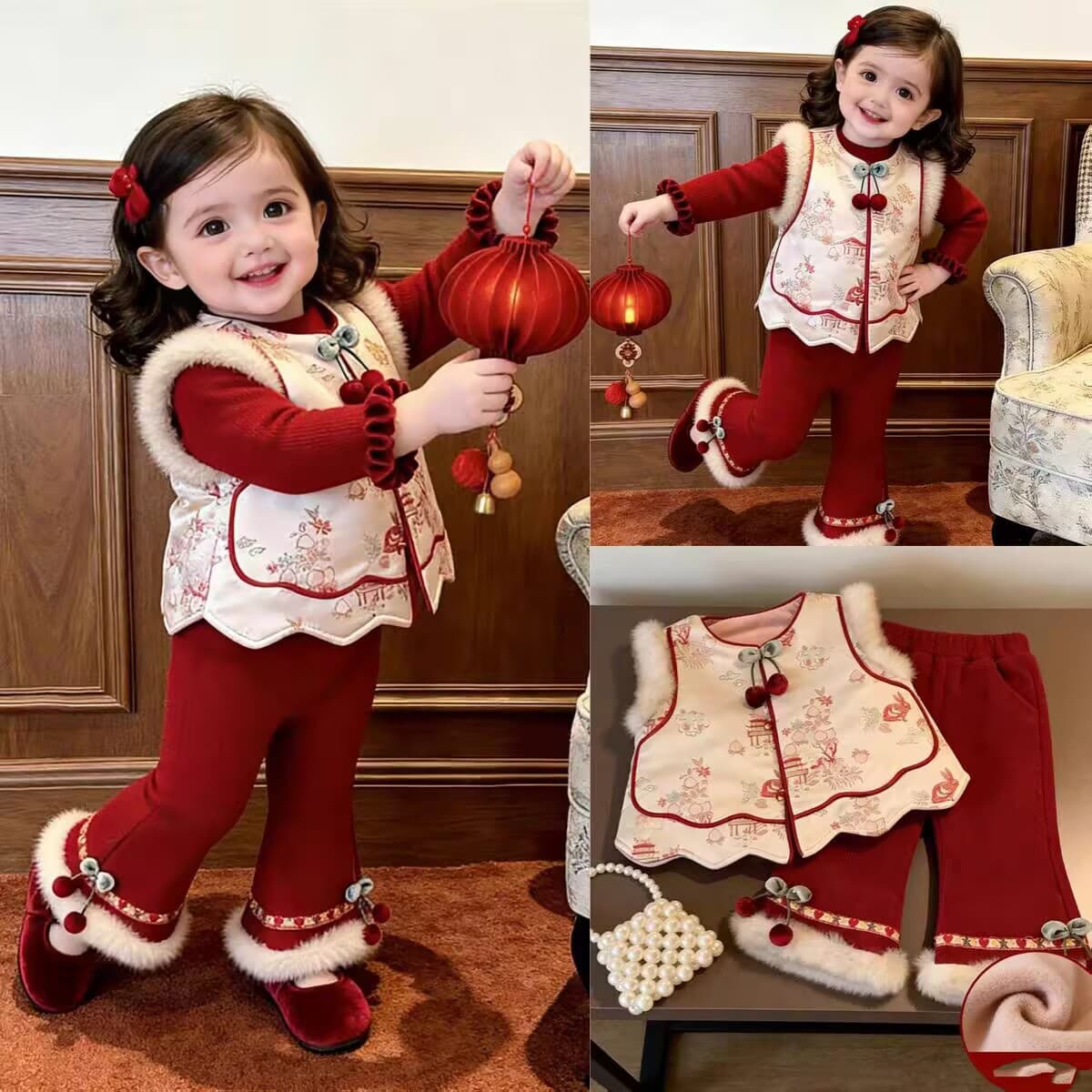 Chinese Style Baby Girls New Year Winter Set Festive Red Girls Birthday First Birthday New Chinese Two-Piece Set