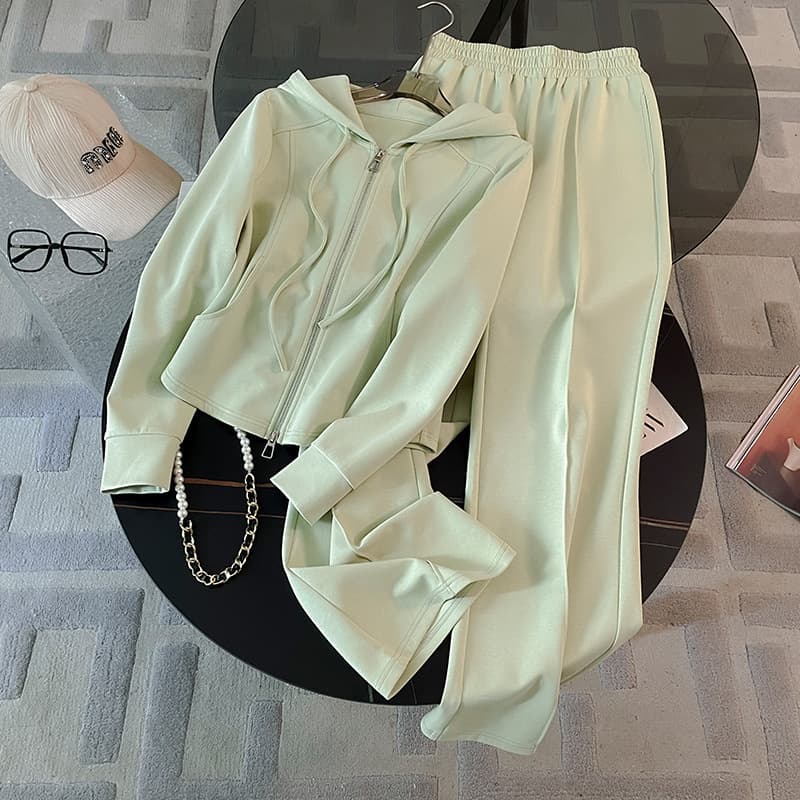 Dopamine Fashionable Style Set for Women Autumn New Trendy Age-Defying Hooded Cardigan Top Wide-Leg Pants Two-Piece Set