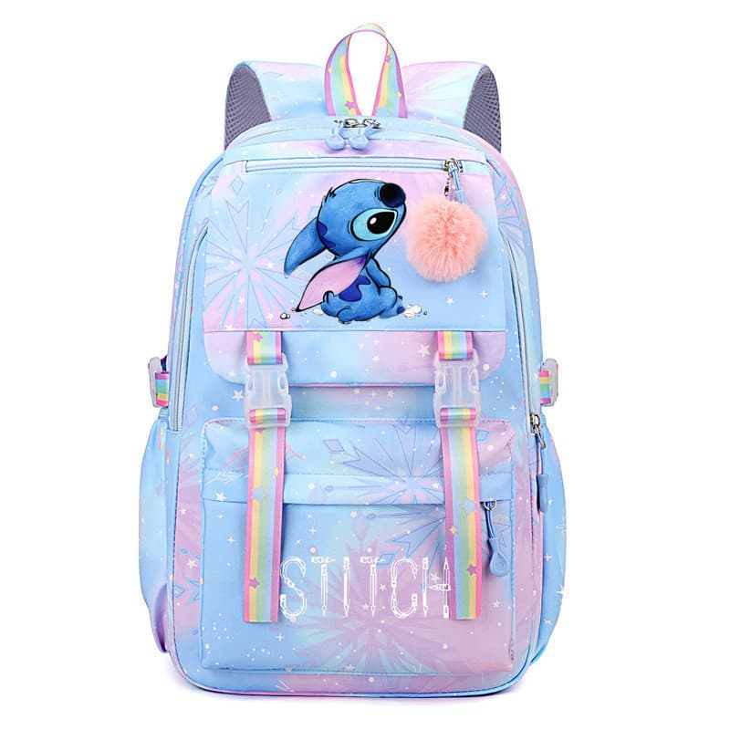 Stitch Student Schoolbag Large Capacity Backpack for Primary and Secondary School Students Cartoon Print Rainbow Design