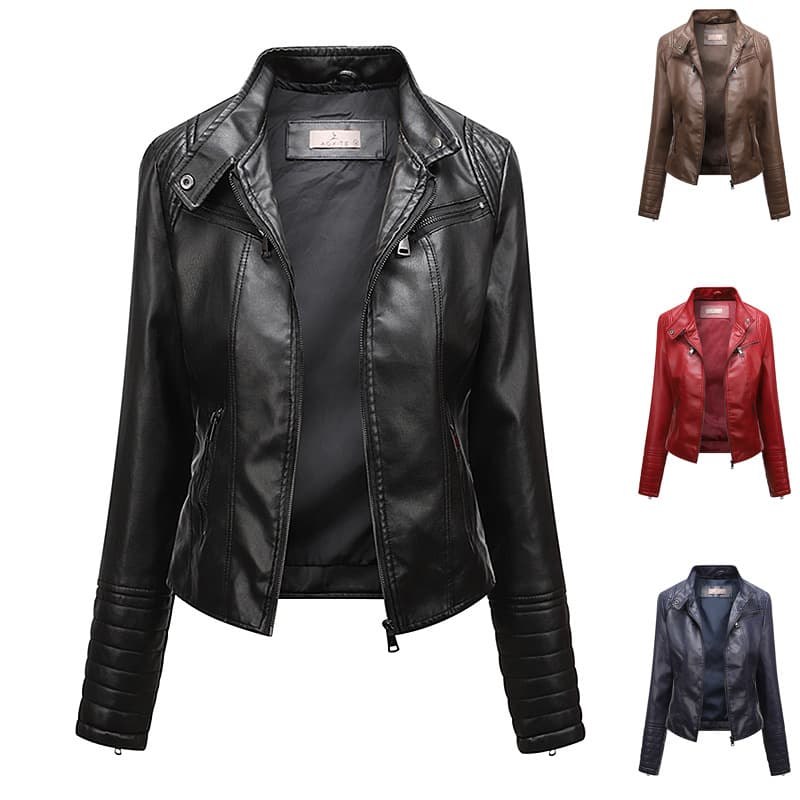 Cross-border 6XL Women's Leather Jacket Slim Fit Blazer Thin Spring Autumn Outfit Ladies Motorcycle Clothing Plus Size Stand Collar Leather Jacket