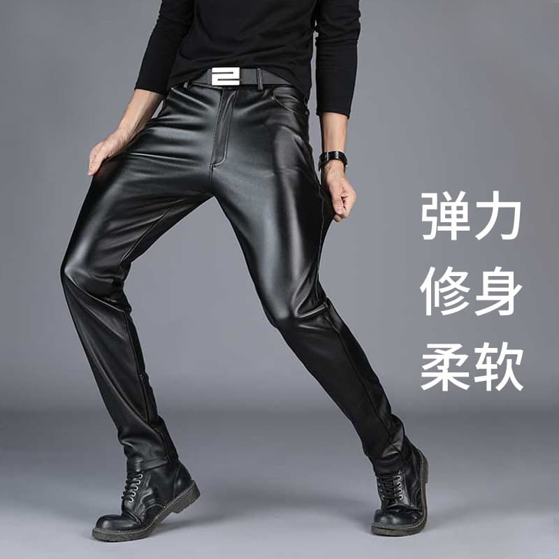 Men's Leather Pants Slim Fit Skinny Riding Motorcycle Windproof Waterproof Warm Fleece-Lined Thick Long Pants Casual Men's Leather Pants