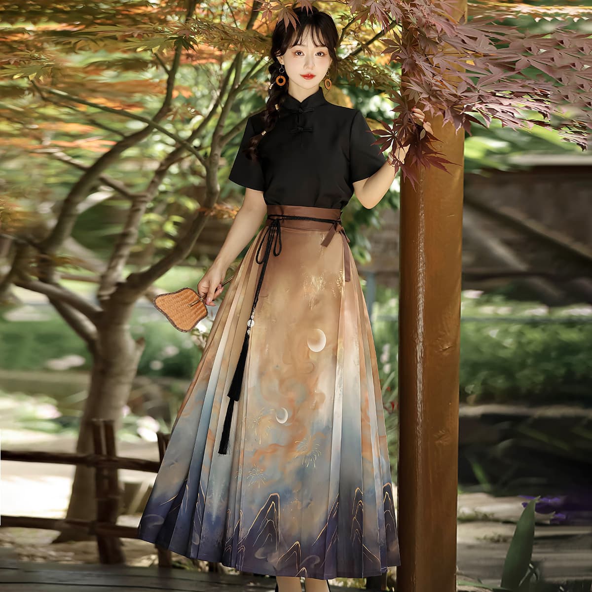 2026 Original Design "Blazing Gold" Chinese Style Modified Hanfu Element Women's Short-Sleeved Top and Horse-Face Skirt Set 7065