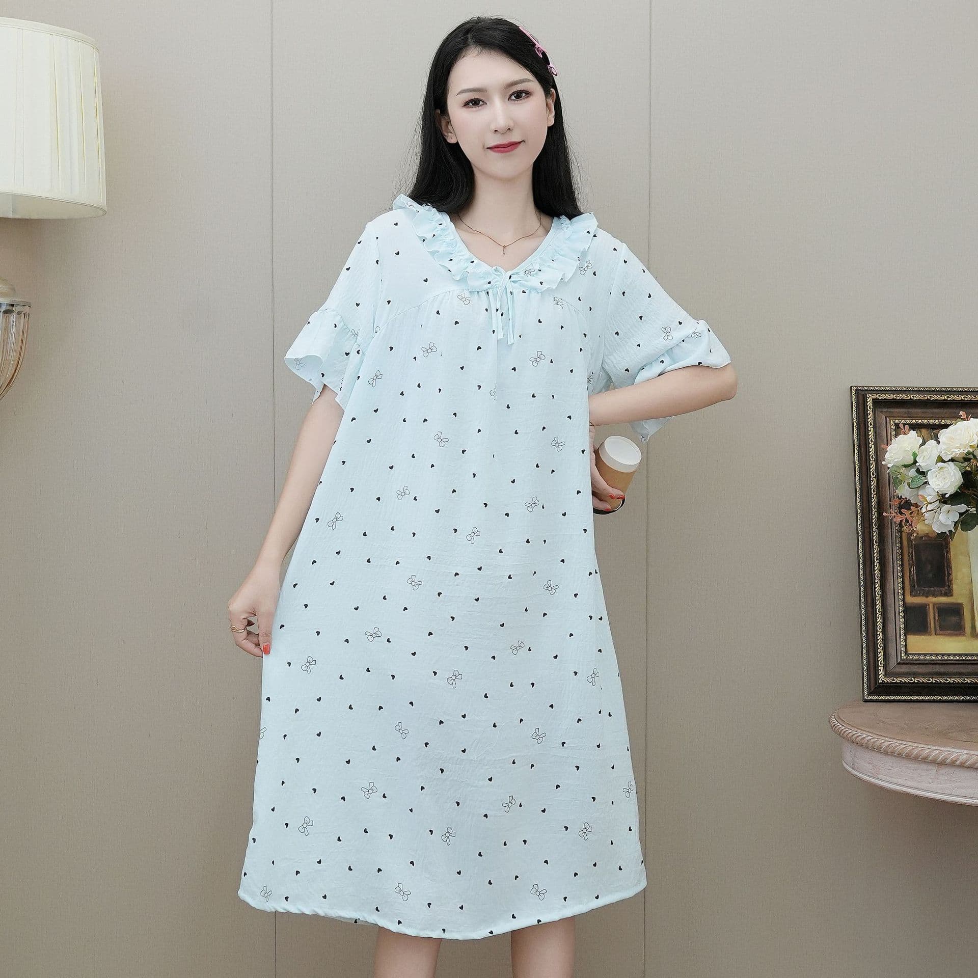 Cloud Cotton Sleep Dress for Women Spring Summer Thin Short Sleeve Plus Size Printed V-Nightwear Sweet and Cute Long Dress