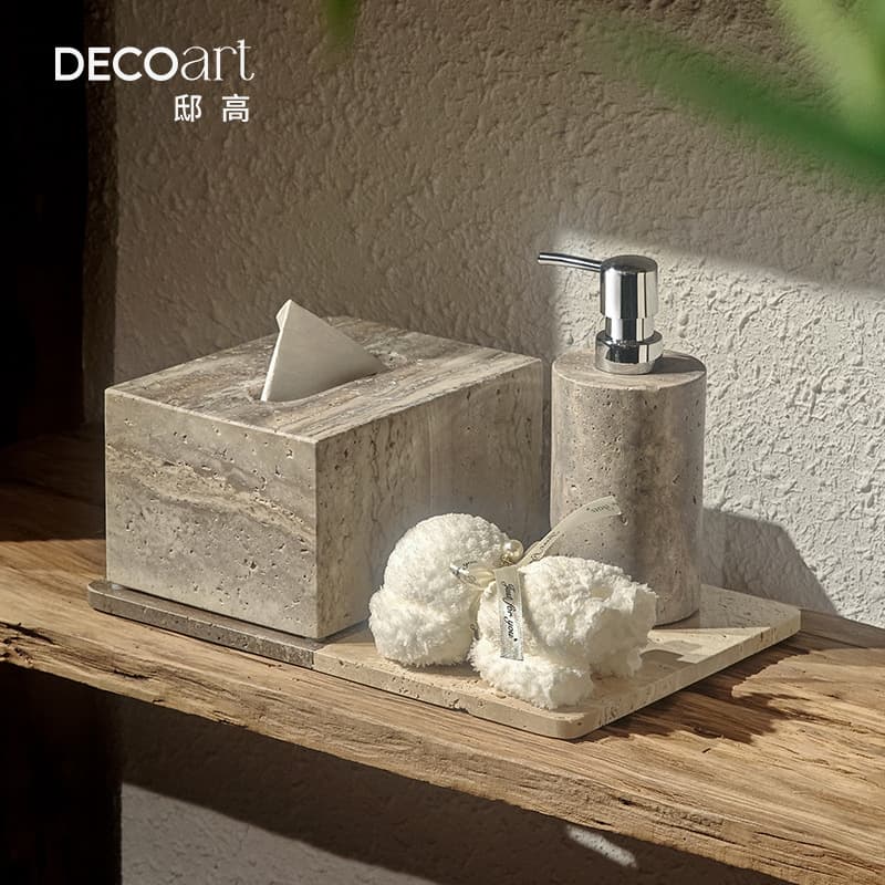 Medieval Natural Style Bathroom Sink High-End Soft Decoration Design Silver Gray Travertine Bathroom Bottle Tray Decoration