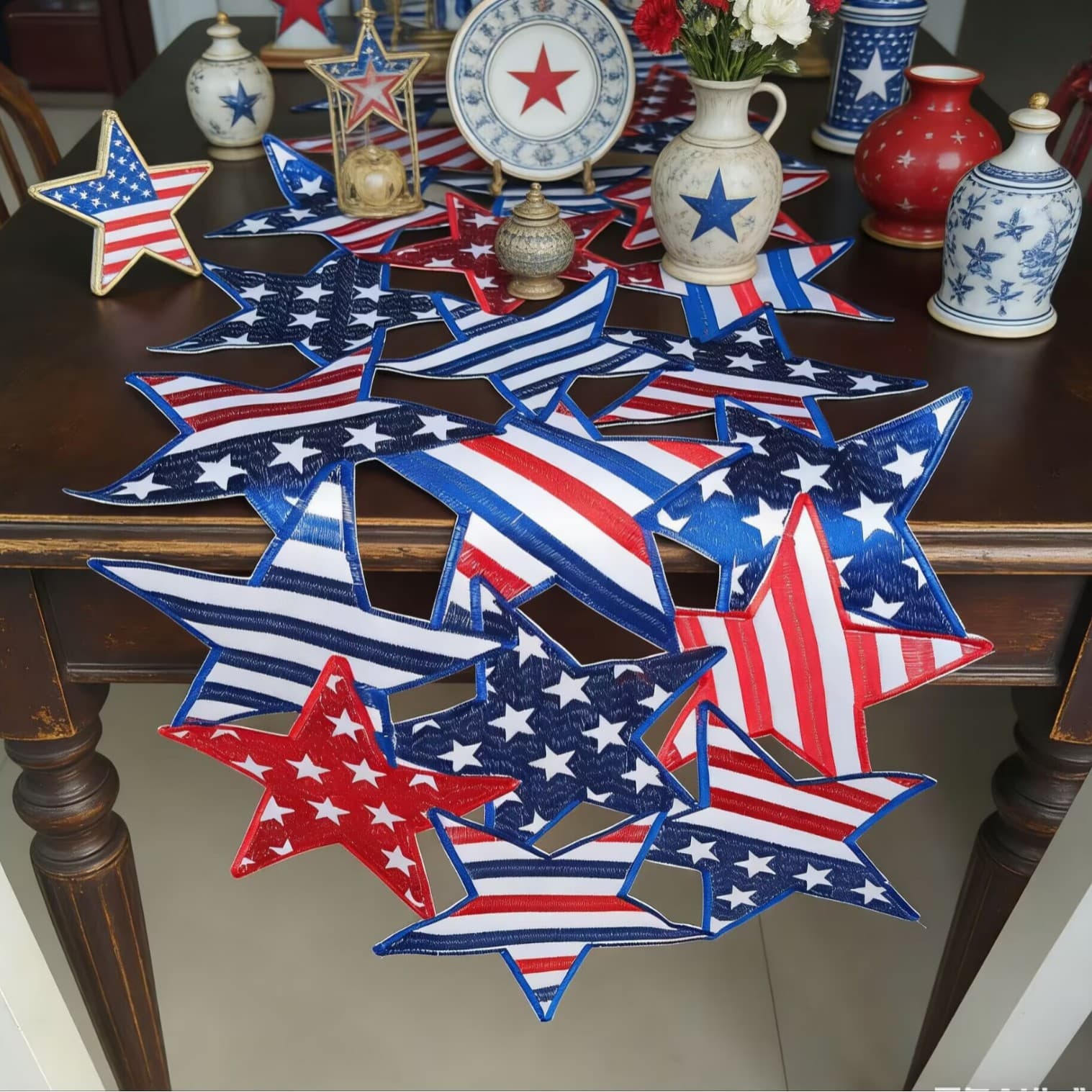 Cross-Border Best-Selling American Independence Day Hollow Patch Embroidered Table Flag Stars Fireworks Embroidered Placemat Source Factory