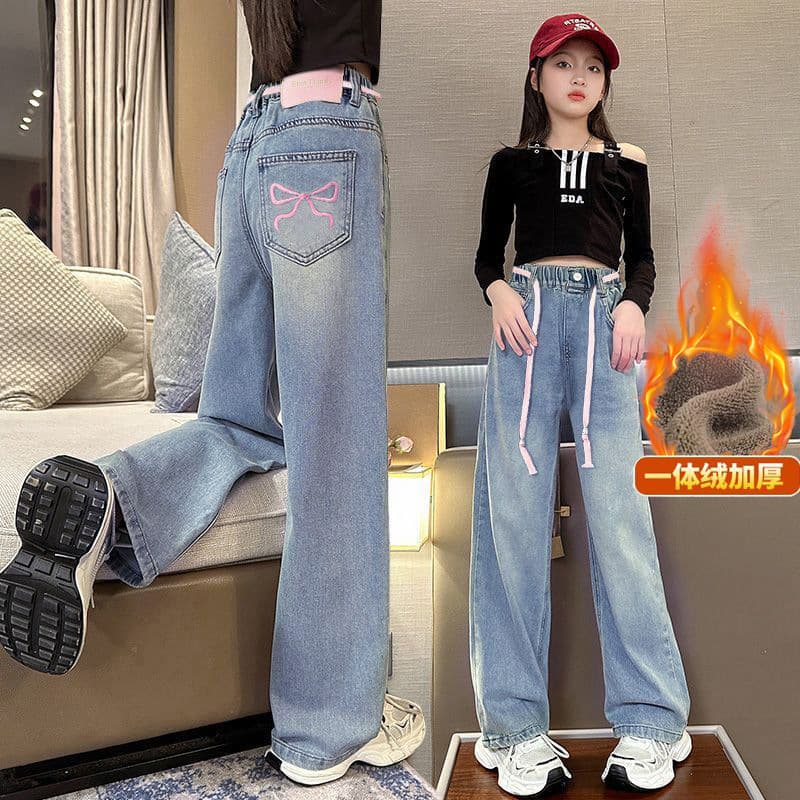 Girls' Fleece-Lined Jeans, Thick Thermal Winter Pants, Casual Loose Fit, Warm Children's Fleece Pants