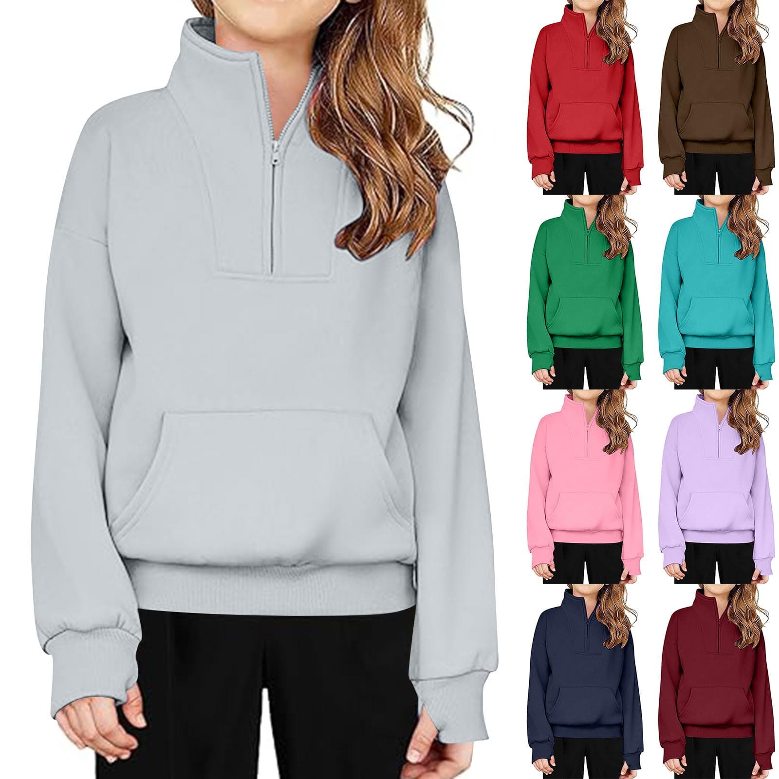 Boys and Girls Half-Zip Stand Collar Sports Shirt Patch Pocket Long-Sleeve Thumb Hole Pullover Spring Autumn Children's Hooded Top